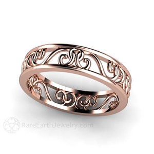 Antique Style Wedding Band with Filigree Wedding Ring Open Work Unique Wedding Band in 14K 18K Gold or Platinum Stackable Gold Ring image 2