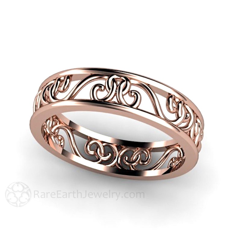 Antique Style Wedding Band with Filigree Wedding Ring Open Work Unique Wedding Band in 14K 18K Gold or Platinum Stackable Gold Ring image 2