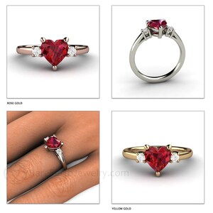 Ruby Ring Ruby Engagement Ring Heart Promise Ring 3 Stone Heart Cut Ruby and Diamond Ring 14K or 18K Gold Red Gemstone Ring July Birthstone image 4