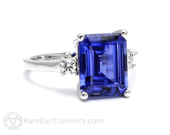 Blue Sapphire Ring Sapphire Engagement Ring Emerald Cut 3 Stone with Diamonds in 14K Gold 18K Gold or Platinum Classic Blue Stone Ring