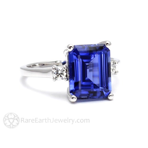 Blue Sapphire Engagement Ring Emerald Cut 3 Stone Sapphire - Etsy