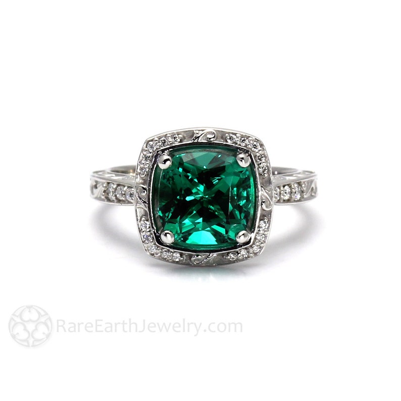 Art Deco Engagement Ring Emerald Ring Cushion Diamond Halo 14K - Etsy