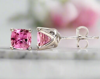 14K Gold Pink Sapphire Earrings | Cushion Cut Pink Sapphire Studs | Pink Stone Stud Earrings