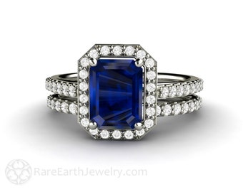 Blue Sapphire Engagement Ring Bridal Set Sapphire Ring Diamond Halo Lab Created Sapphire Ring Natural Diamond Accents