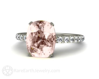 Cushion Cut Morganite Engagement Ring in Platinum Morganite Cushion Ring Pave Diamond Solitaire with Double Prongs