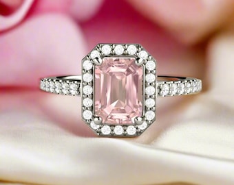 Pink Moissanite Engagement Ring | Emerald Cut Halo Ring in 14K or 18K Gold or Platinum