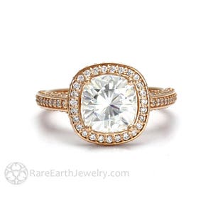 Moissanite Engagement Ring Cushion Halo in 18K Gold with Confict Free Diamonds Forever One Moissanite Ring Unique Engagement
