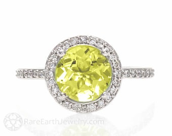 Lemon Quartz Ring Diamond Halo Natural Lemon Citrine Ring with Diamonds Yellow Stone Engagement Ring in 14K or 18K Gold