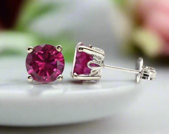 Rhodolite Garnet Stud Earrings 14K Gold | Round Red Gemstone Earrings | January Birthstone Gift