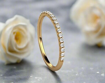 Thin Natural Diamond Wedding Ring Narrow Pave Diamond Wedding Band Anniversary Band Skinny Diamond Stacking Ring 14K 18K Rose Gold Platinum
