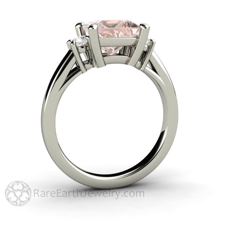 Princess Morganite Ring Morganite 3 Stone Engagement Ring Three Stone Morganite Ring with Diamonds 14K or 18K Gold Square Pink Stone Ring image 5