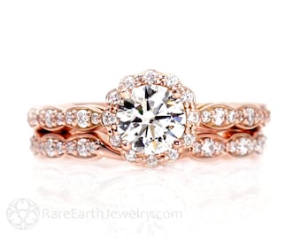 Moissanite Engagement Ring Wedding Set Wedding Band Diamond Halo  14K Rose Gold