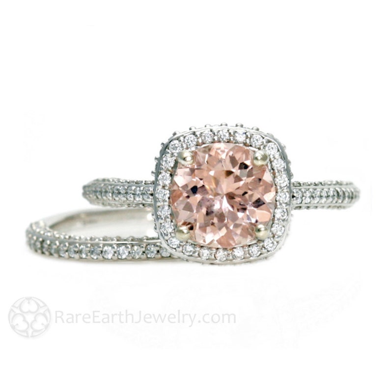 Morganite Engagement Ring Diamond Halo Wedding Set 2 Carat Morganite Halo Engagement Ring Bridal Set with Peach Pink Stone image 5