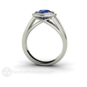 Blue Sapphire Engagement Ring Round Sapphire Ring Bezel Set Diamond Halo Split Shank Split Band 14K or 18K Gold and Platinum image 3