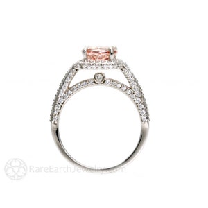 Morganite halo engagement ring with pave diamond cathedral setting with hidden diamond