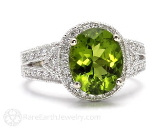 Art Deco Peridot Ring Large Oval Peridot Ring with Diamonds Vintage Style Peridot Cocktail Ring Split Shank August Birthstone Ring