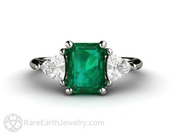 Emerald Engagement Ring Vintage Green Emerald 3 Stone Ring Diamond Trillions Three Stone Emerald Ring 14K or 18K Gold or Platinum