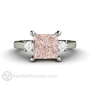 Princess cut Morganite Ring 3 stone style with diamond accents in white gold.  Square pink gemstone ring.  3 Stone Morganite Engagement Ring by Rare Earth Jewelry