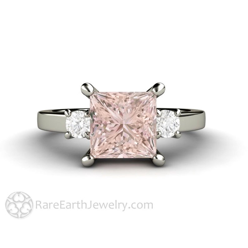 Princess cut Morganite Ring 3 stone style with diamond accents in white gold.  Square pink gemstone ring.  3 Stone Morganite Engagement Ring by Rare Earth Jewelry