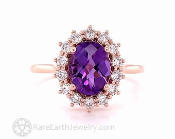 Amethyst Ring with Diamonds Oval Amethyst and Diamond Ring Vintage Style Cluster Diamond Halo February Birthstone Purple Stone Ring