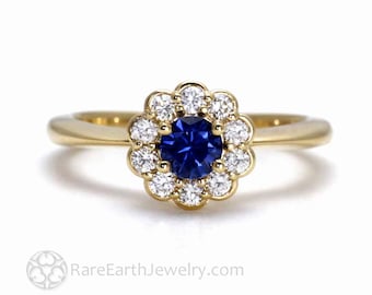 Natural Blue Sapphire Engagement Ring Ceylon Sapphire Ring Vintage Style Flower Cluster Diamond Halo Blue Stone Ring Gold or Platinum