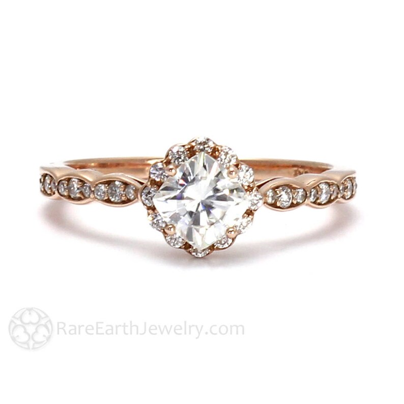 14K Rose Gold Moissanite Ring Diamond Halo Engagement Ring | Etsy
