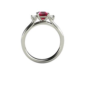 Drei Stein Rubin Verlobungsring Asscher Cut Rubin Ring 3 Stein mit Diamanten in Gold oder Platin Rot Edelstein Ring Juli Geburtsstein Bild 5