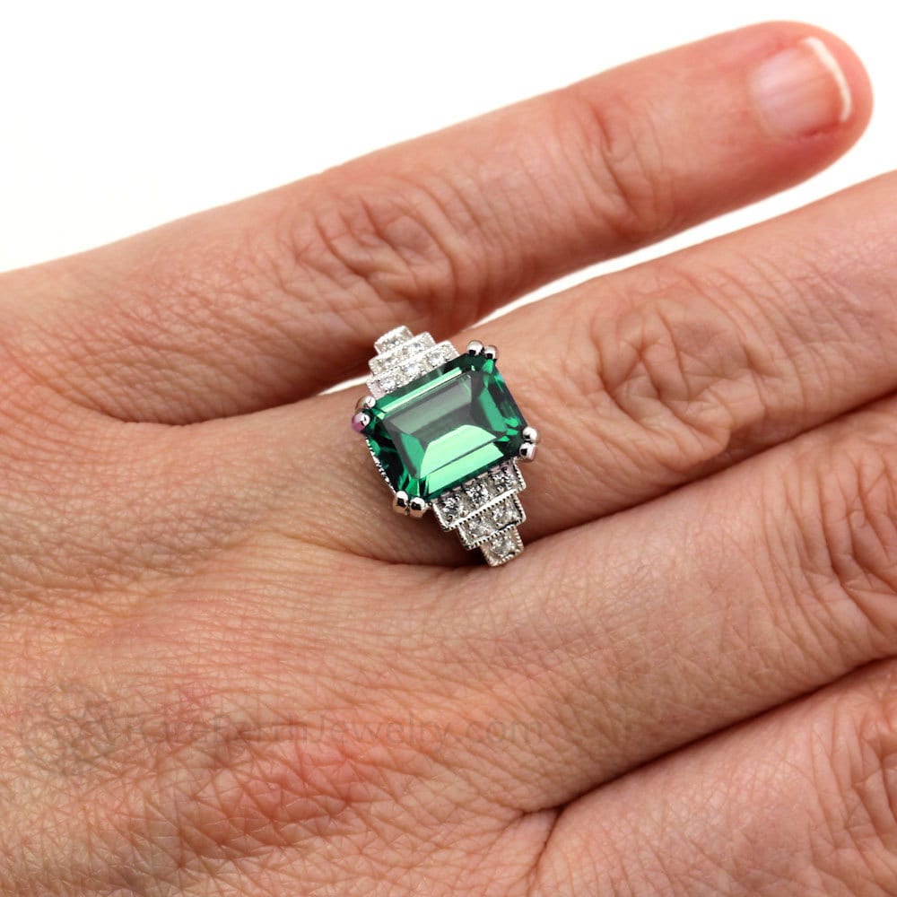 Vintage Ring Art Deco Emerald Ring With Diamonds Unique - Etsy Norway