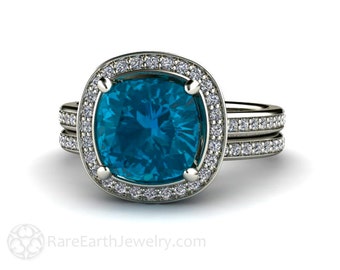 Cushion London Blue Topaz Bridal Set Engagement Ring & Wedding Ring 14K or 18K Gold Diamond Halo Wedding Set Gemstone Ring
