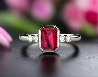 Ruby Engagement Ring, Bezel Set Ruby Ring Emerald Cut Ruby Bezel Ring with Diamonds, July Birthstone Ring 14K or 18K Gold Platinum
