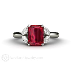 Ruby Engagement Ring Emerald Cut Ruby Ring and Diamond July Birthstone Red Stone Lab Grown Ruby Ring