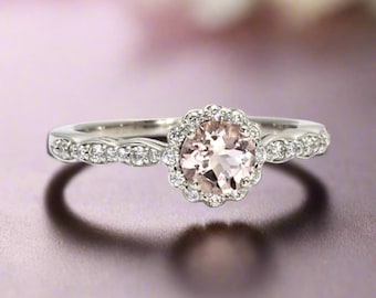 Morganite Engagement Ring Morganite Ring Diamond Halo 14K or 18K Pink Gemstone Ring