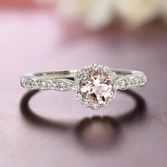 Morganite Engagement Ring Morganite Ring Diamond Halo 14K or 18K