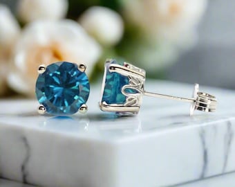 14K Gold London Blue Topaz Earrings | Round Blue Gemstone Studs | December Birthstone Jewelry