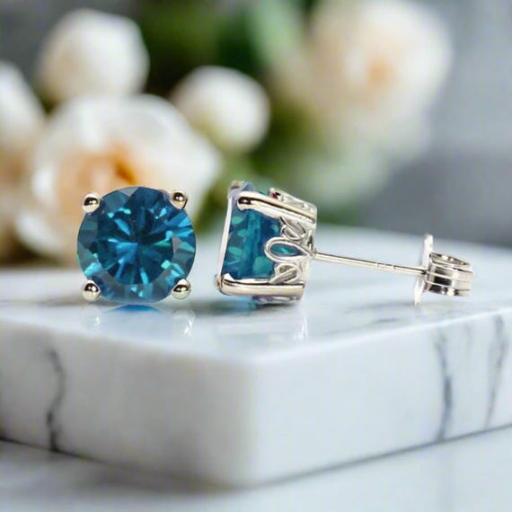 14K Gold London Blue Topaz Earrings Round Blue Gemstone Studs
