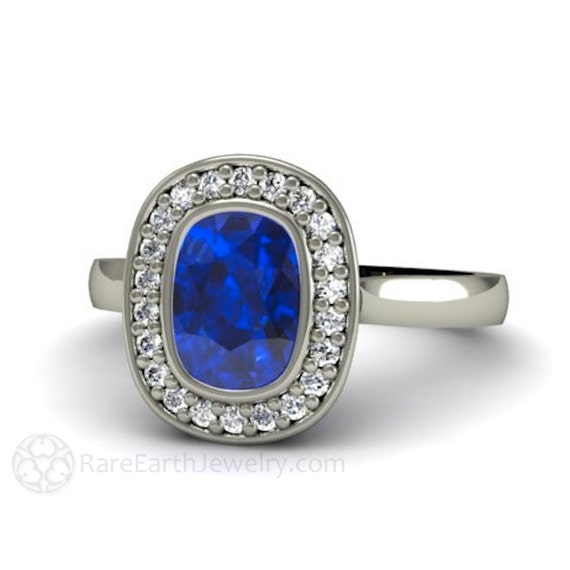 Blue Sapphire Engagement Ring Sapphire Ring Bezel Set Cushion Etsy