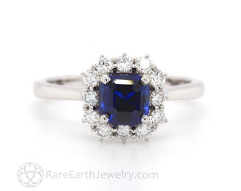 Asscher Cut Blue Sapphire Engagement Ring Blue Sapphire Ring Diamond Halo Cluster September Birthstone Blue Gemstone Ring