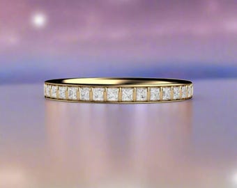 Princess Cut Diamond Band | Bar Set Wedding Ring or Anniversary Band in 14K or 18K Gold or Platinum