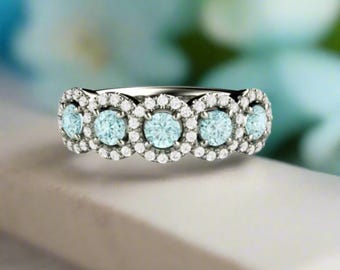 Aquamarine and Diamond Halo Ring | Five Stone Aquamarine Anniversary or Wedding Band | March Birthstone Ring