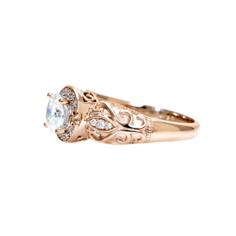Rose Gold Moissanite Engagement Ring, Vintage Style Diamond Halo, Art Deco Moissanite Ring Lab Created Diamond Alternative 14K 18K Platinum image 3