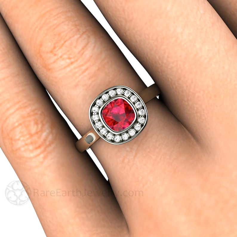 Ruby Engagement Ring Bezel Set Cushion with Diamond Halo 14K Etsy
