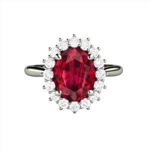 Anillo de compromiso con rubí, anillo de rubí ovalado, anillo de halo de rubí con racimo de diamantes y diamantes, piedra natal de julio, piedra preciosa roja. imagen 2