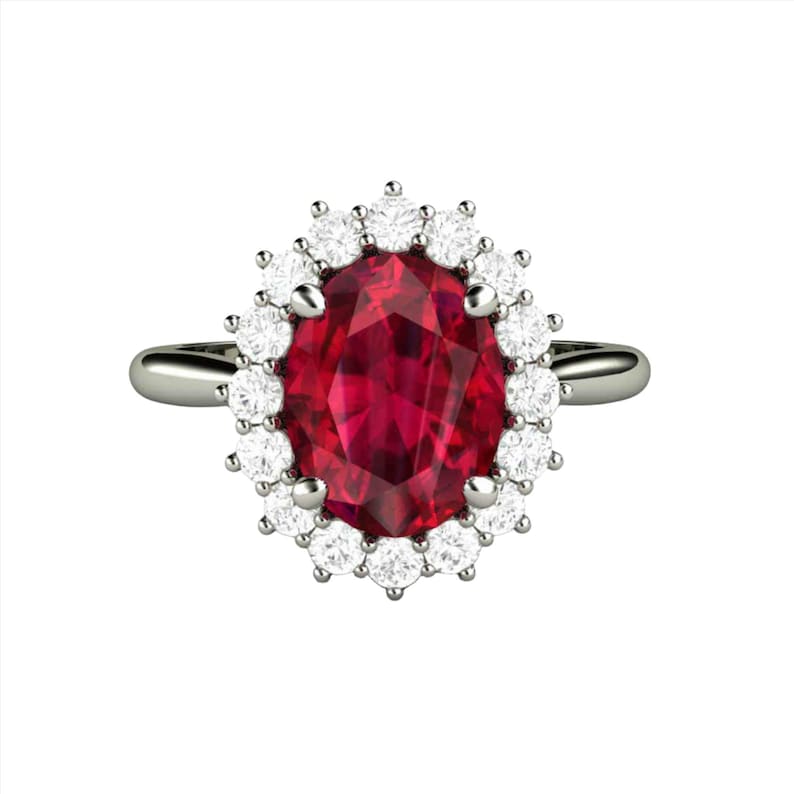 Anillo de compromiso con rubí, anillo de rubí ovalado, anillo de halo de rubí con racimo de diamantes y diamantes, piedra natal de julio, piedra preciosa roja. imagen 2