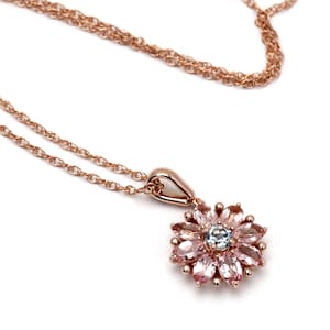 14K Gold Flower Pendant with Pink Tourmaline & Aquamarine | Bridal Necklace or Birthstone Jewelry