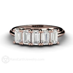 5 Stone Natural White Sapphire Band Emerald Cut White Sapphire Ring Gold Stacking Ring Anniversary Band Diamond Alternative Wedding Ring