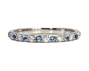 Aquamarine and Diamond Stacking Ring | March Birthstone Anniversary Band in Gold or Platinum
