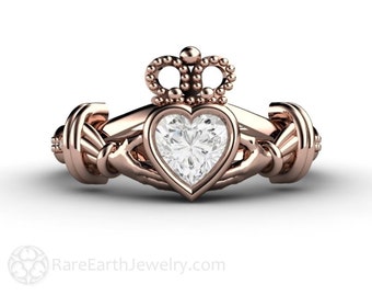 Diamond Claddagh Ring Irish Engagement Ring Celtic Jewelry Heart Promise Ring Ireland Jewellery 14K or 18K White Gold Yellow Gold Rose Gold