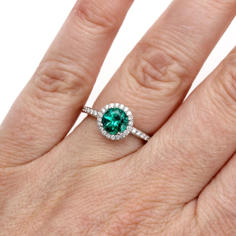 Round Emerald Engagement Ring with Diamond Halo | Lab Grown Emerald Ring | May Birthstone Ring in 14K 18K Gold or Platinum image 2
