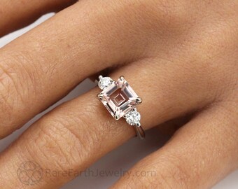 3 Stone Morganite Engagement Ring | Asscher Cut Pink Morganite Ring with Diamonds