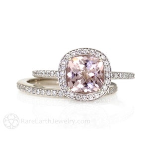 Cushion Cut Morganite and Diamond Engagement Ring Natural Morganite Engagement Ring with Wedding Band Pink Gemstone Diamond Halo Bridal Set